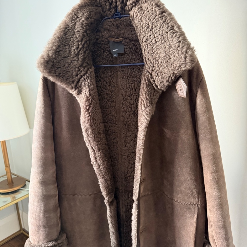 Vince Men's 100% Genuine Shearling Suede Long Coat - Dark Brown - Size Small